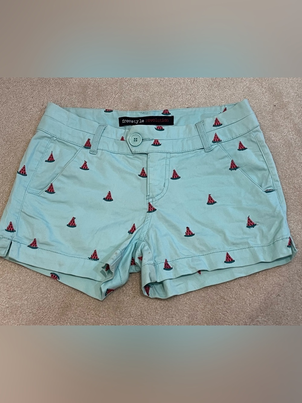 Freestyle Revolution Teal colored Shorts with Pink Watermelon Embroidery